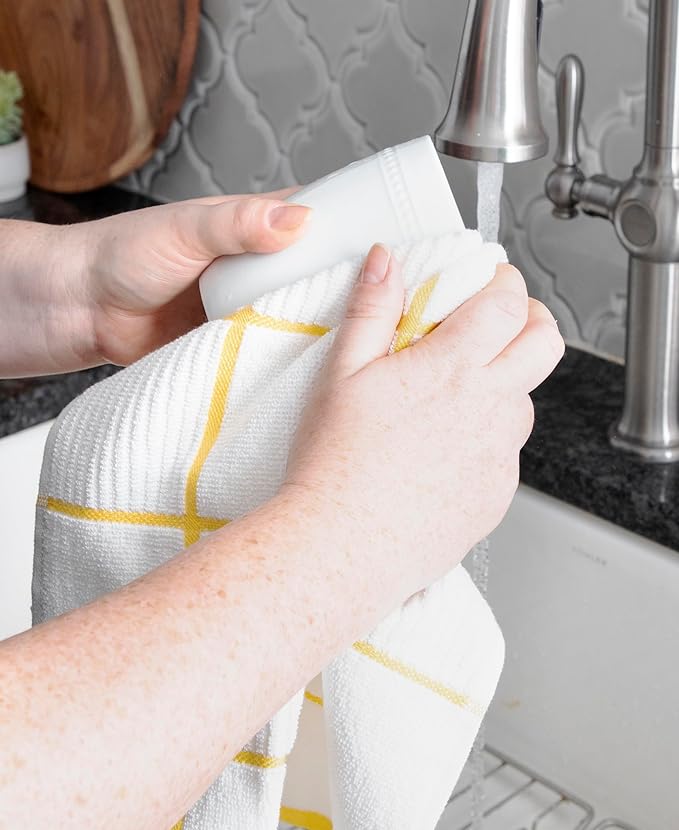 T-Fal Solid & Checked Parquet Kitchen Towels: Highly Absorbent, Super Soft Long Lasting - 100% Cotton, 16"x26" Dish Towels for Cleaning & Drying Dishes, Pans, Glassware, Countertops, 6-Pack, Lemon