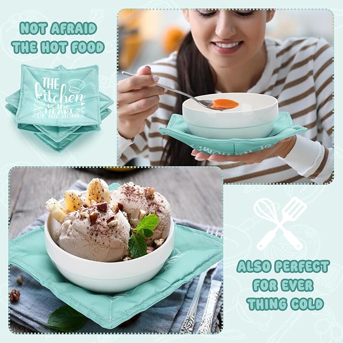 Cunhill 4 Pcs Cotton Microwave Bowl Cozy Holders for Hot Food Hot Pads Soup Bowl Potholders Heat Resistant Multipurpose Quilted Safe Holders for Kitchen Plate Supply(Turquoise,Quotes)