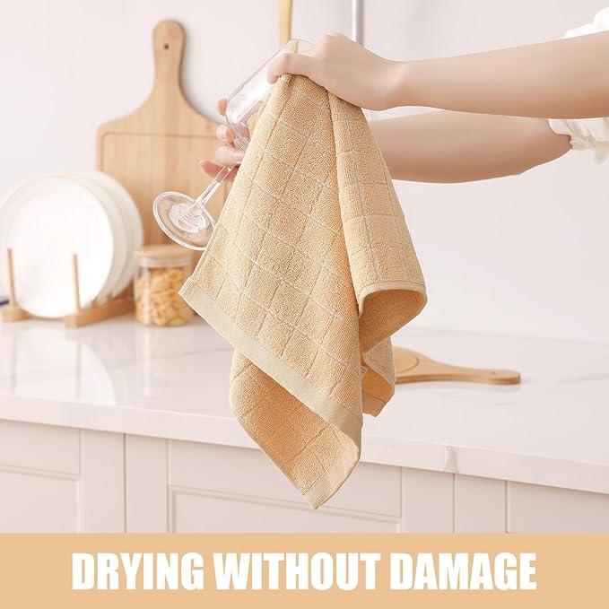 Homaxy 100% Cotton Terry Kitchen Towels(Apricot, 13 x 28 inches), Checkered Designed, Soft and Super Absorbent Dish Towels, 6 Pack