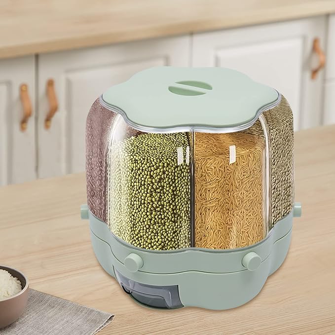6 Grids Grain Dispenser Can, 360°Rotating Cereal Rice & Grain Storage Container with Lid Rotatable Sealed Food Storage Bucket Dry Food Dispenser for Grains Beans (17.63Lbs Matcha Color)