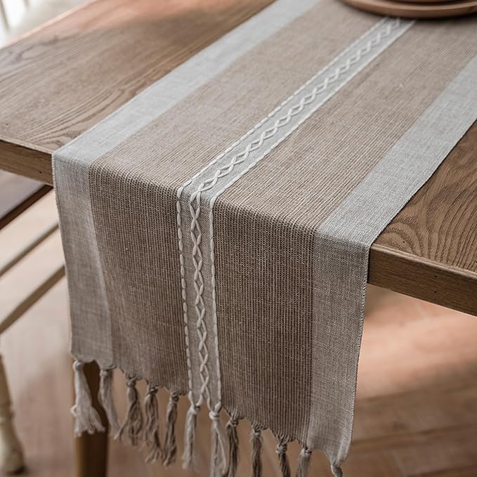 Niviy Farmhouse Table Runner, Embroidered Striped Braided Coffee Boho Table Runner, Cotton Linen Farmhouse Table Decoration for Holiday Party 12 x 132 Inches