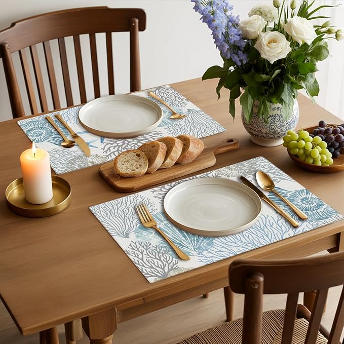 Nautical Placemats Set of 4, Starfish Beach Theme Ocean Seashell Washable Non-Slip Heat Resistant 12×18 Inch Coastal Summer Place Mats Decorative Linen Fabric Table Mats for Home Party Kitchen Dining