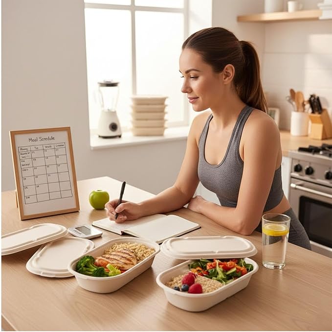 24oz Disposable Meal Prep Food Containers with Lids, 50 Pack Sugarcane Fiber Pulp Take-Out Boxes, Compostable Biodegradable Lunch Containers, Microwave & Freezer Safe, Includes Forks