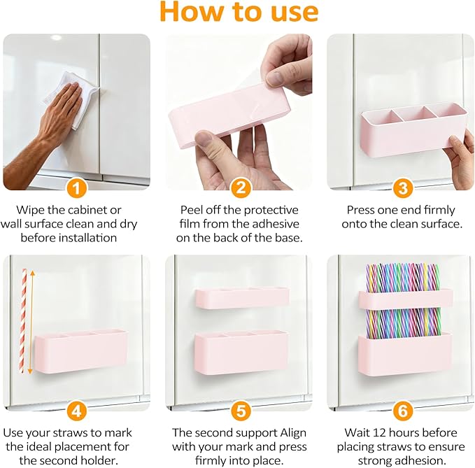 MoodLife 2-Pack Silicone Straw Holder for Cabinet Door,Reusable Adhesive Container for Kitchen Storage Solutions, Cupboard Organizer and Space Saving Hacks (Pink)