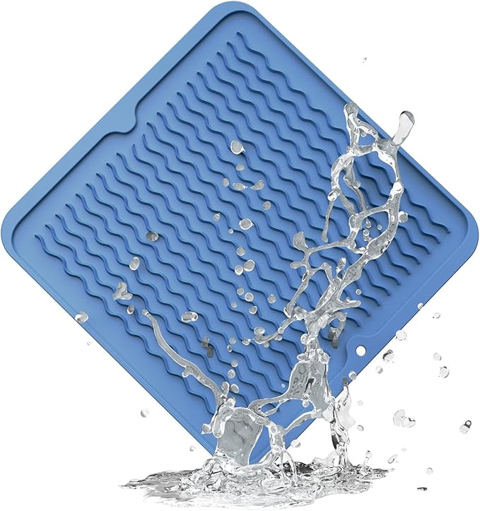 ZLR Silicone Dish Drying Mat 12" x 12" Square - Small Heat Resistant Trivet & Countertop Protector for Air Fryer, Coffee Maker - Waterproof Kitchen Drain Pad for Cups, Fruit (Lichen Blue)