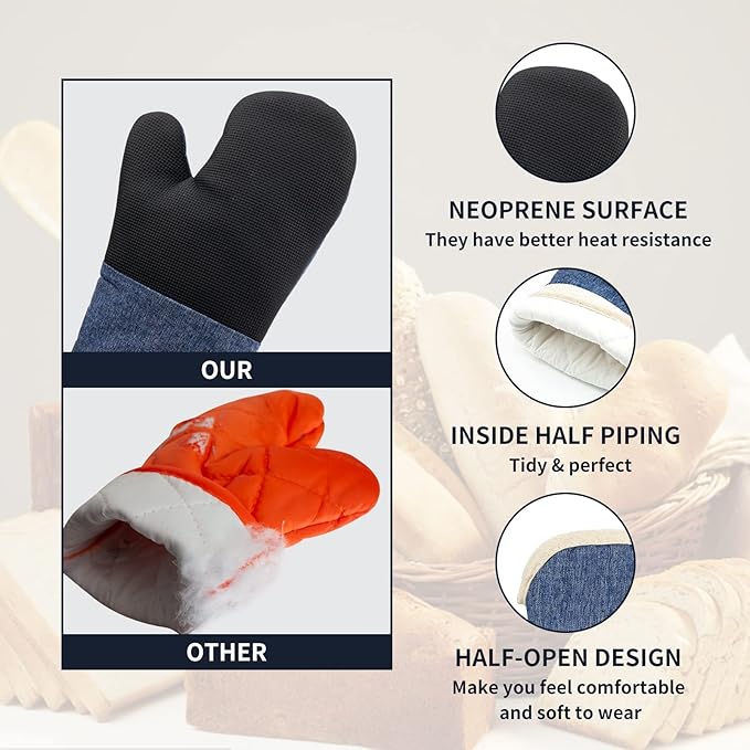 Oven Mitts and PotHolders Sets, 4 Pcs Kitchen Oven Glove High Heat Resistant 400°F Pot Holders for Kitchen, Non-Slip Neoprene Oven Mitts are Suitable for Cooking, Baking (Blue)
