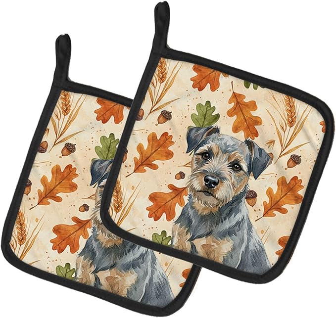 Caroline's Treasures Blue and Tan Border Terrier Heirloom Fall Pair of Pot Holders Pair 7.5x7.5 Quilted Insulated Hot Pads Decorative Kitchen Gift Made in USA