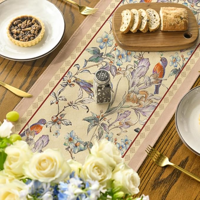 Artoid Mode Beige Birds Floral Blossom Table Runner, Seasonal Flowers Spring Kitchen Dining Table Decoration for Home Party Decor 13x72 Inch