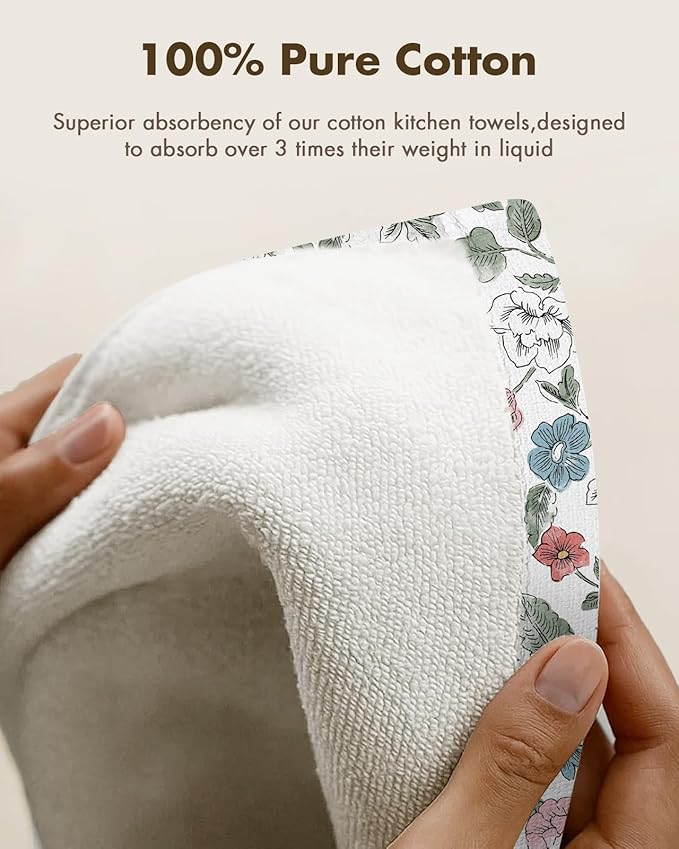 Miss Adola 2pcs Waffle Kitchen Towels - 16x26 Inch Cotton Waffle Weave Dish Cloths Set of 2 with Hanging Loop Absorbent Hand Tea Towels Elegant Design for Housewarming Gift, Vibrant Botanical