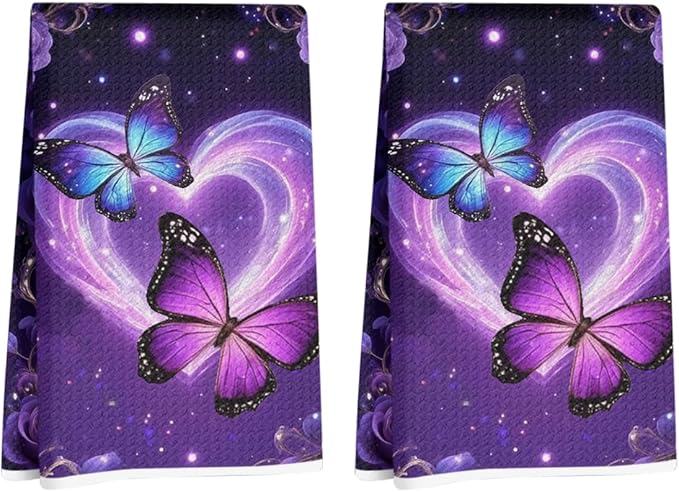 2 Pcs Purple Butterfly Kitchen Towels, Butterfly Soft Absorbent Tea Hand Towel, Waffle Dish Towels for Kitchen Bathroom Home Decor, Housewarming Gifts for Women Mom