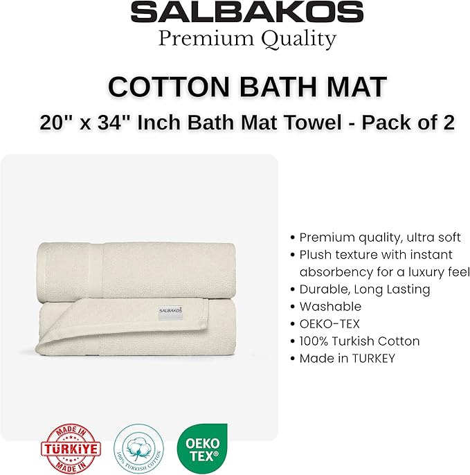 SALBAKOS 100% Turkish Cotton Bath Mat Towel Set of 2 Piece Ivory | 20x34 in Large Bath Mats | Luxury Hotel Quality, Thick, Absorbent, Quick Dry Bathmats | Made in Turkey (Ivory, 2 Bath Mats)