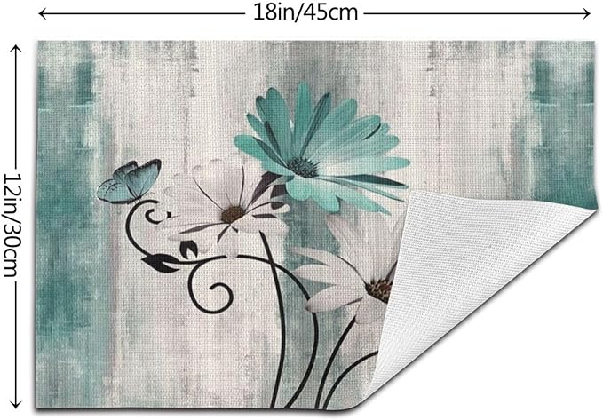 Floral Place mats Set of 4, 12x18 Inches Teal Blue Daisy Flower Decorative Rectangle Table Mats for Party Home Kitchen Dining Table Decoration