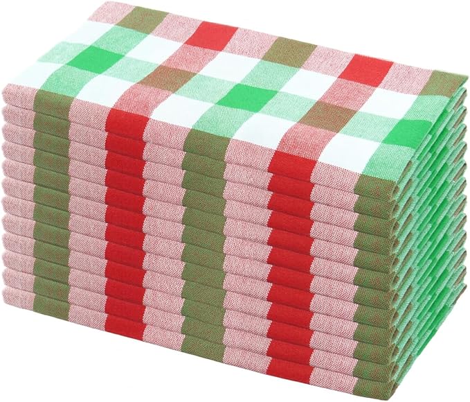 Cloth Napkins Set of 12, 100% Cotton Dinner Napkins 18x18 Inch, Soft Absorbent Gingham Check Napkin for Restaurant, Table Décor, Reusable Washable for Everyday Use - Apple Green/White/Red