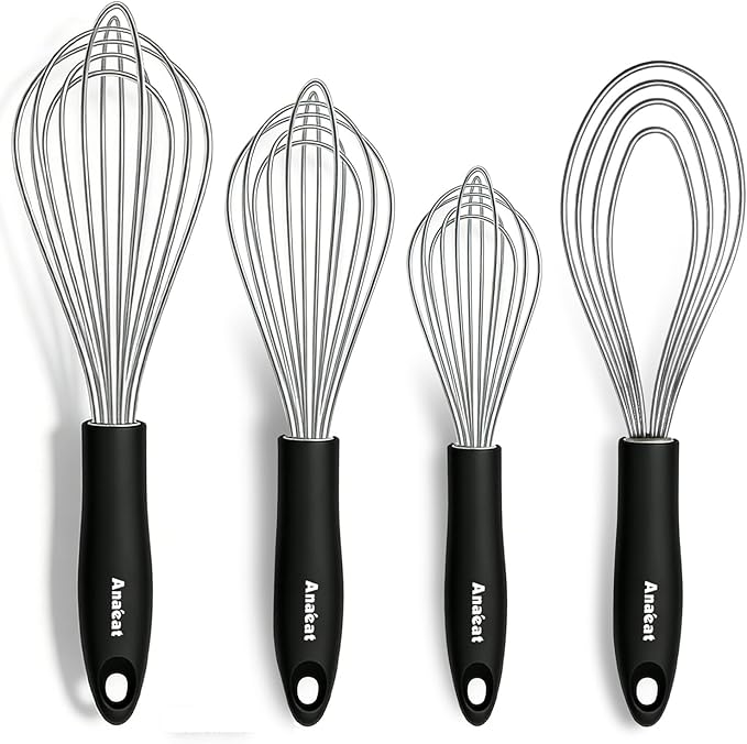 Anaeat Stainless Steel Kitchen Whisk Set of 4, Milk and Egg Beater Blender with Thick Wire for Whisking, Cooking, Baking, Beating and Stirring - 11'' Flat Whisk and 9''+11''+12'' Balloon Whisks