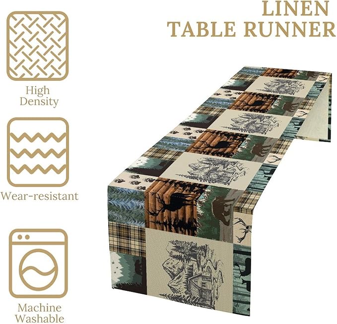 Cabin Bear Deer Table Runner Vintage Rustic Farmhouse Animal Art Printed Dinner Runner for Home Kitchen Dining Table Decor Fabric 1 Panel W13xL120in