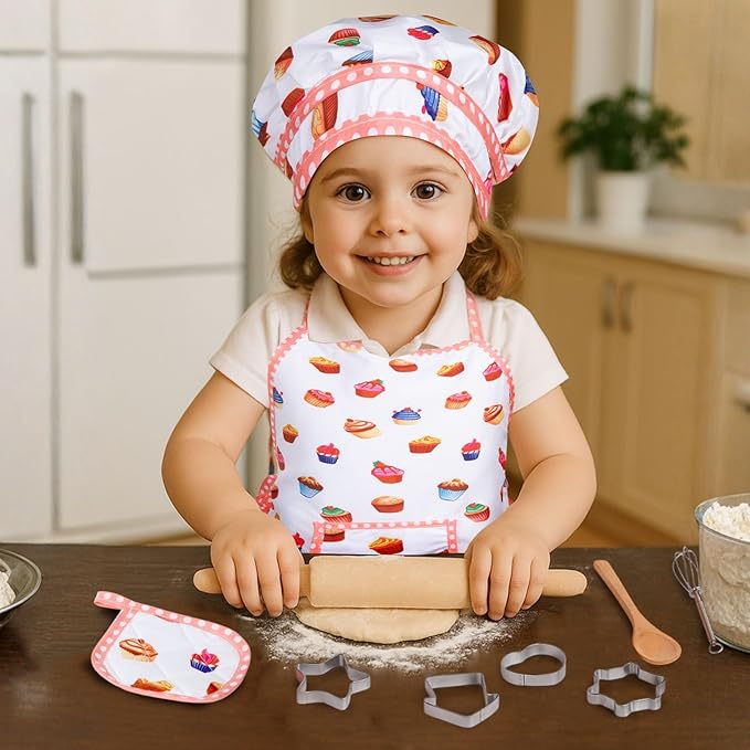 3 Otters Kids Chef Hat and Apron, 11 PCS Chef Costume Sets Pretend Play Kitchen Toys Baking Tools for Toddler