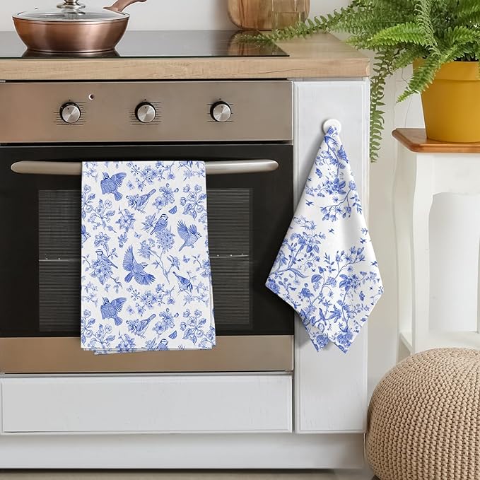Chinoiserie Floral Kitchen Dish Towels 16x24 Inch, White Blue Flowers Bird Absorbent Tea Hand Towels for Kitchen Cooking Baking Farmhouse Holiday Decoration Set of 4, Chinoiserie Decor