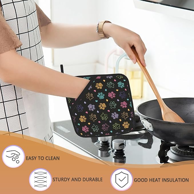 Doodle Paw Print Pot Holder Set of 2,Kitchen Heat Resistant Potholder for Women Men BBQ Cooking Baking