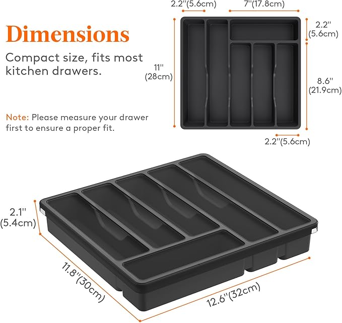Lifewit Silverware Organizer with Lid, Covered Utensil Tray for Kitchen Drawer and Countertop, Plastic Cutlery and Flatware Storage Box for Spoons Forks Knives Holder Case, 12.6x11.8", Black