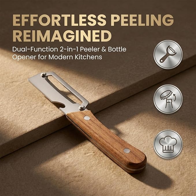 2026 Upgrade 2-in-1 Vegetable Peeler with Bottle Opener, Stainless Steel Peeler for Kitchen with Wooden Handle, Multifunctional Potato Peeler for Fruit Veggie Pumpkin Sugarcane Papaya Carrot (3pcs)