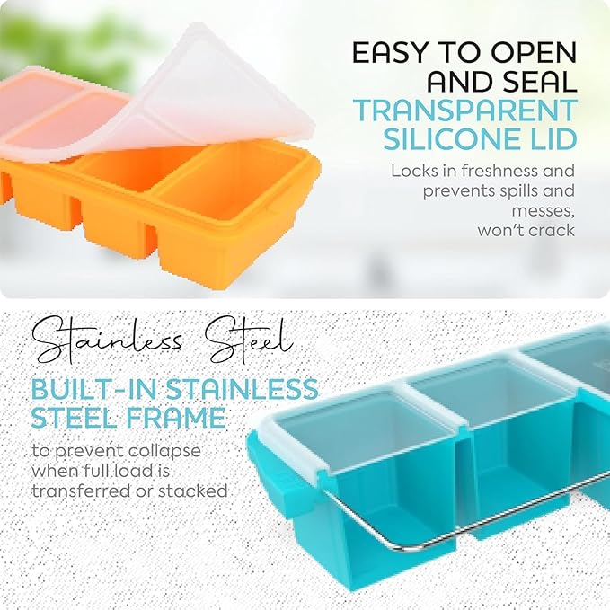 Silicone Freezer Tray With Lid-Soup Freezer Container molds-Large Ice Cube Tray Set Makes 1-Cup & 2-Cup portions cubes Perfect for preparing meals in different portion sizes Oven & Dishwasher -Safe