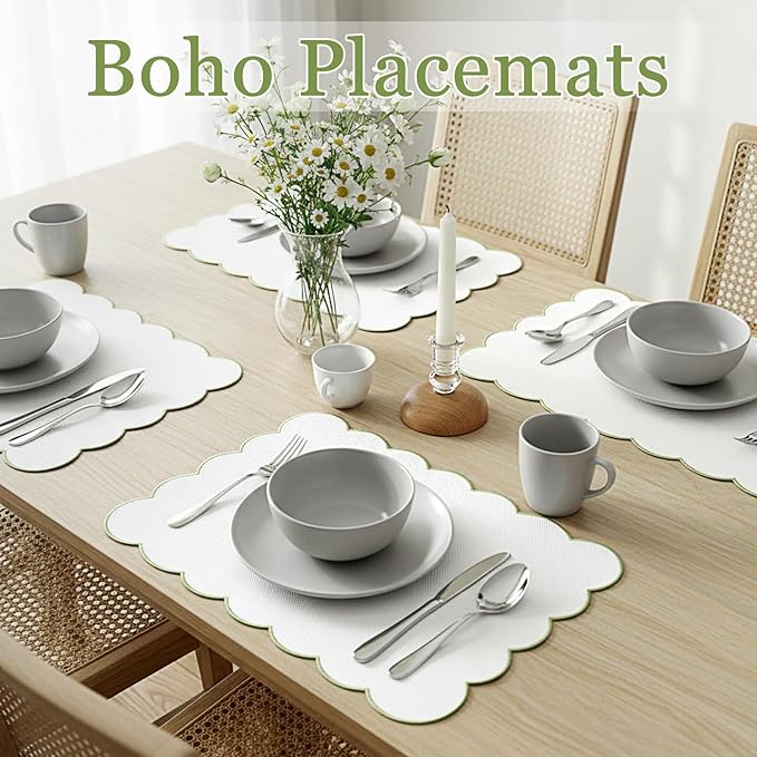 LemonRoad 8 Pcs Boho Linen Placemats Set 13" x 19" Elegant Scalloped Double Layered Placemats Farmhouse Washable Rustic Dining Table Decorations for Kitchen Wedding Banquet (White,Sage Green)
