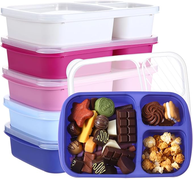Honeydak 5 Pack Snack Containers 3 Compartment Bento Snack Boxes Divided Meal Prep Containers with Lids Reusable Adults Lunch Food Storage Box for School Work Travel(Blue White Purple)