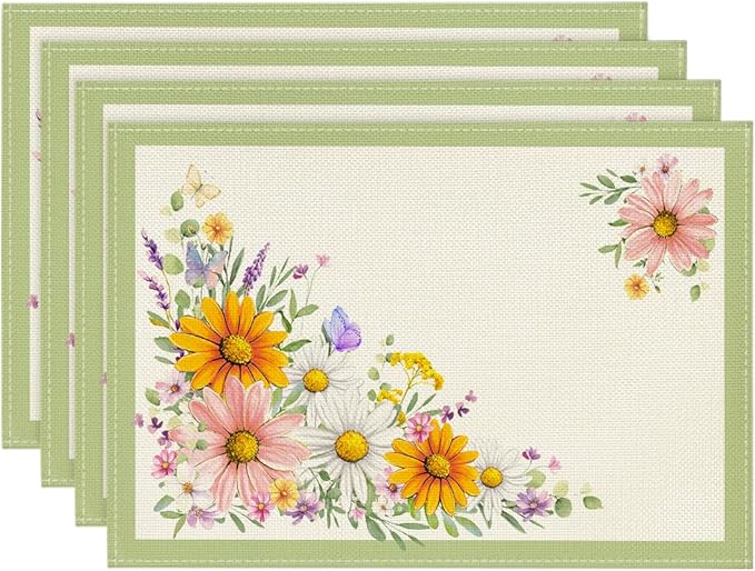Artoid Mode Green Sunflowers Butterfly Spring Placemats Set of 4, 12x18 Inch Seasonal Summer Holiday Table Mats for Party Kitchen Dining Decoration