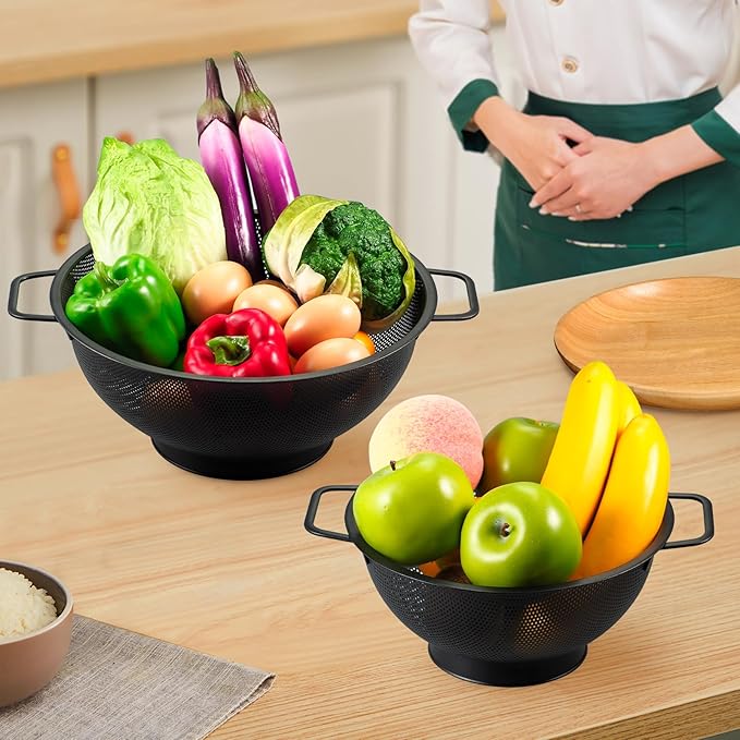 2PCS Black Colander for Kitchen, 3QT and 5QT, Stainless Steel Pasta Strainer with Handle, Pasta Strainer for Fruits Vegetables Cooking Food, Dishwasher Safe
