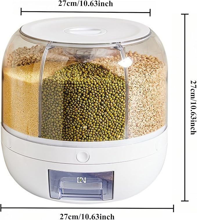 Rotating grain distributor, 6-grid large rice storage container for storing rice, beans and cat food, sealed and moisture-proof, large size.