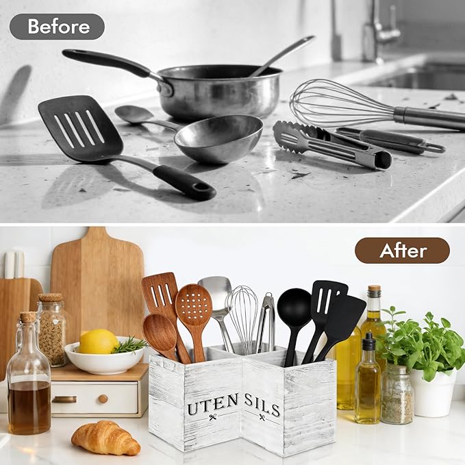 Extra Large Utensil Holder with 3 Compartments, Durable Wooden Utensil Organizer for Kitchen Countertop, Spatula and Spoon Holder Farmhouse Decor (White Grain)