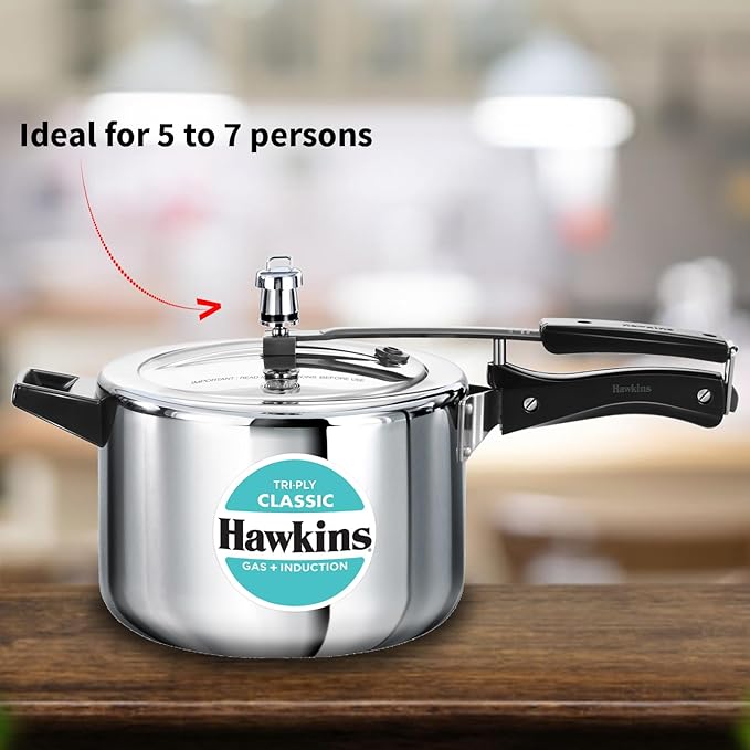 Hawkins Classic 5 Litre Tri-Ply Pressure Cooker, Triply Stainless Steel Inner Lid Cooker, Silver (SSTCL50)