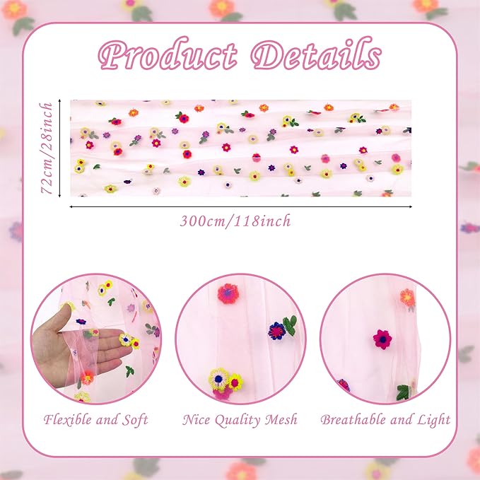 YATOJUZI Pink Table Runner Embroidery Daisy Summer Floral Decorations Seasonal Tulle Dining Table Runners for Home Kitchen Decor Wedding Shower Party