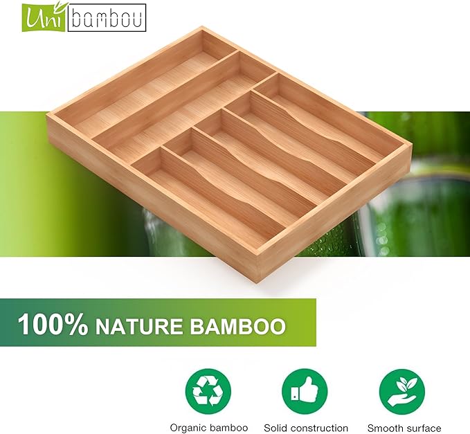 Unibambou Bamboo Utensil Drawer Organizer, Silverware Tray Organizer, Kitchen Drawer Organizer for Flatware Cutlery, Silverware Tray for Drawer (Natural, Large 16.5x12.3 Inch)