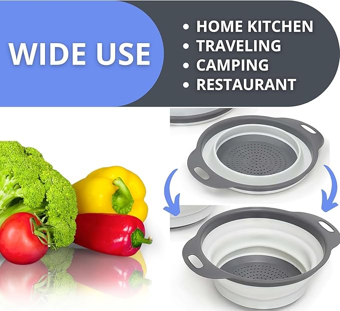 White Round Silicone Collapsible Colander – Silicone Round Kitchen Strainers with Plastic Handles Small Foldable Kitchen Strainer Perfect for Draining Pasta Vegetable and Fruit