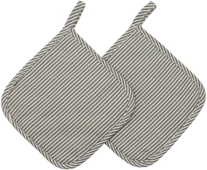 Cotton Oven Mitts and Pot Holders Set, Kitchen Quilted Oven Gloves, Hot Pan Mat Pads Set for Cooking Grilling Barbeque Baking Heat Resistant Set of 3 (3, Grey Stripes)