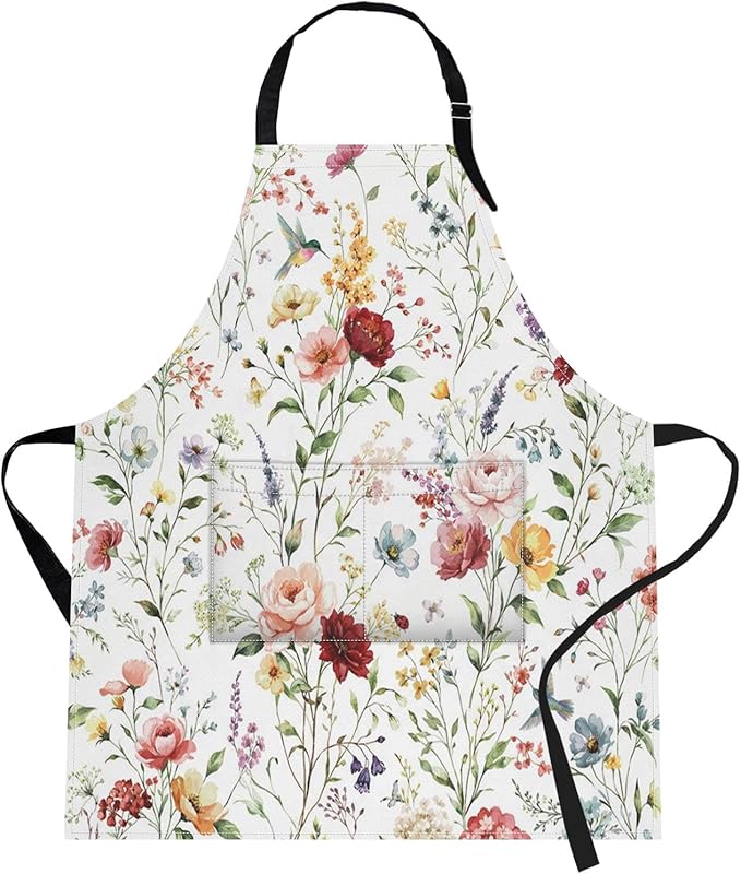 Britimes Apron Home Kitchen Cooking Baking Gardening for Women Men With Pockets Wildflower Flower Floral Boho Butterfly Hydrangea 32x28 inch