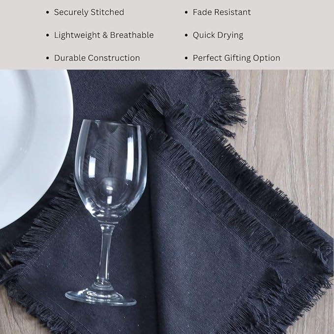 Cloth Dinner Napkins Fringes 20x20 Inch 100% Cotton Set of 6 - for Dining Special Occasions Wedding Holidays Easter - Soft Durable Washable - Elegant Table Cloth Napkins Charcoal Grey