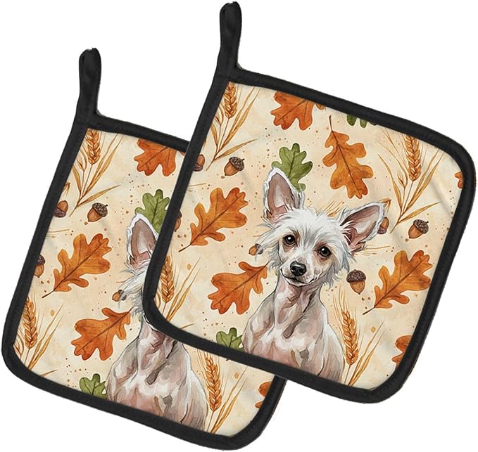 Caroline's Treasures Hairless Chinese Crested Heirloom Fall Pair of Pot Holders Pair 7.5x7.5 Quilted Insulated Hot Pads Decorative Kitchen Gift Made in USA