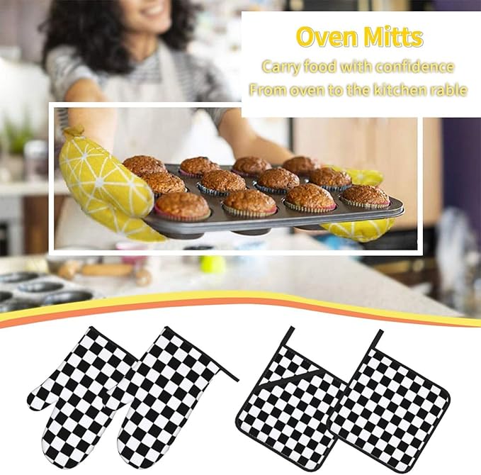 Checkered Black and White Plaid Oven Mitts and Pot Holders Set of 4,Heat Resistant Non-Slip Potholders Oven Gloves and Pad for Kitchen Cooking Baking Grilling BBQ