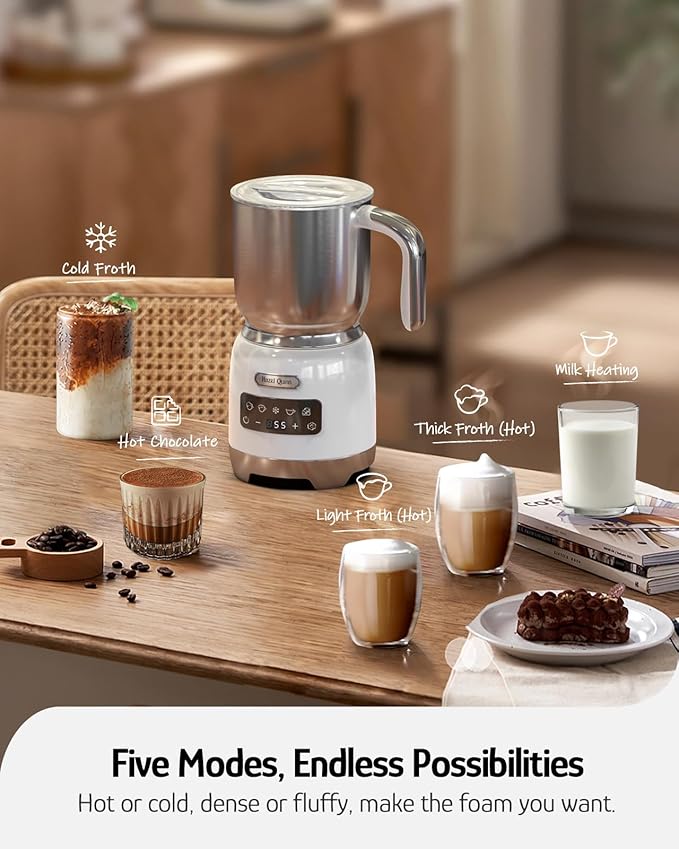 Hazel Quinn Milk Frother - Hot and Cold Detachable Milk Frother with Adjustable Temperature & Foam Thickness, Dishwasher Safe, for Latte/Cappuccino/Hot Chocolate, 400ML (13.5oz) - Pearl White