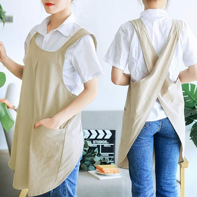 NEWGEM Japanese Cotton Linen Cross Back Cooking Apron for Women Men with Pockets Cute for Baking Kitchen