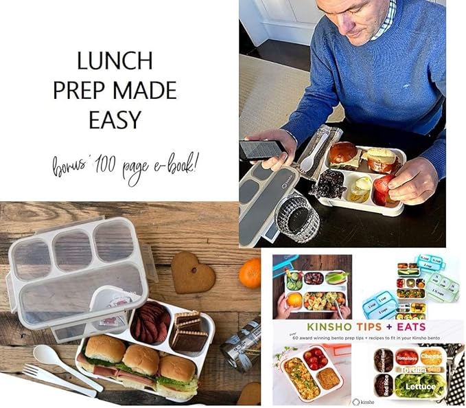 kinsho Bento Lunch Box Container for Kids Adults, Portion Control Meal Prep and Snack Containers, Japanese Style Boxes with 4 Compartments for Boys Girls Teens, School Work and Travel | Gray