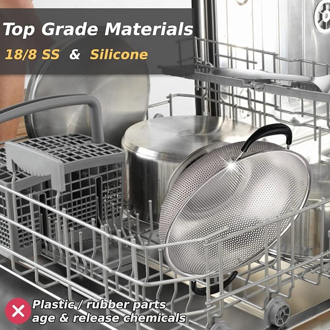 5 Qt Colander 18/8 Stainless Steel Colander Silicone Handle Easy Grip Micro-Perforated Strainer Heavy Duty and Self-draining Solid Ring Base BPA Free Dishwasher Safe - Black