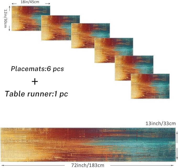 Emvency Blue Orange Table Runner and Placemats Set of 6, Vintage Abstract Messy Rust Painting Art Dining Decor for Daily Use(1 Table Runner 72 inches Long and 6 Placemats)