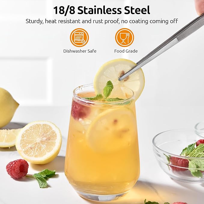 U-Taste 8" Kitchen Plating Tweezer Set: 18/8 Stainless Steel Food-Grade Metal Food Tong, Seamless-Welding, Flexible Pinching and Non-Slip for Serving, Decorating, Cooking, Baking (Round & Pointed Tip)