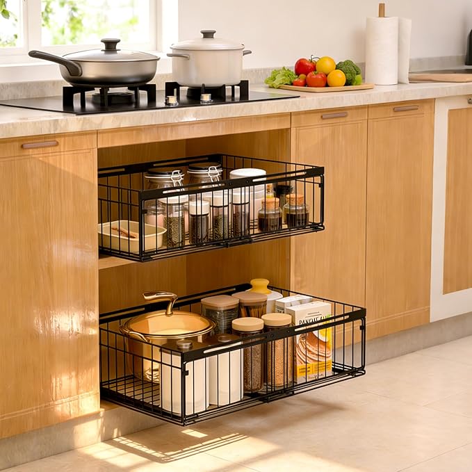 Expandable Pull Out Cabinet Organizer Adjustable Width 13"-20", Kitchen Organization with Adhesive.Bathroom Under Sink Organizers and Storage,Bedroom Slide out Drawers,Pantry