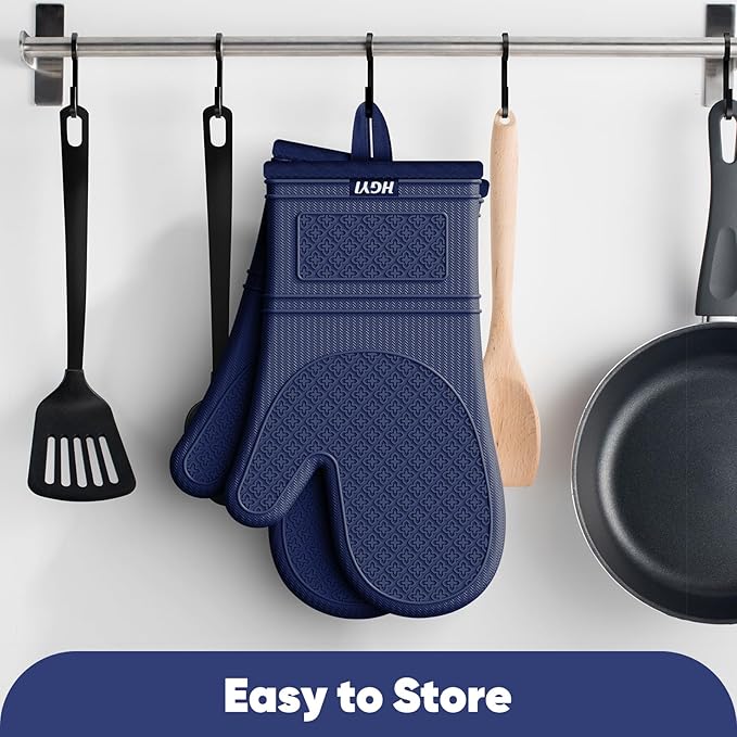 Silicone Oven Mitts, Heat Resistant Oven Gloves with Quilted Liner, Waterproof & Non-Slip Kitchen Mittens for Baking Cooking BBQ, 500°F, 12.5"-Ink Blue