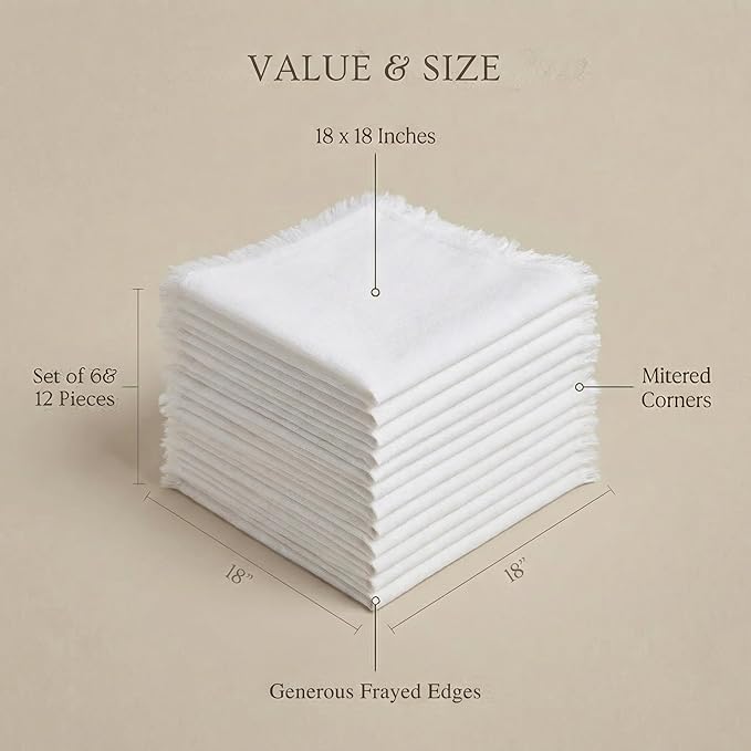 ACCENTHOME White Cotton Linen Napkin Set of 6 18x18 inch Dinner Napkins - Washable Soft Premium Hotel Quality Reusable Hemmed Edges Napkins Perfect Table Linens for Family Dinners, Weddings
