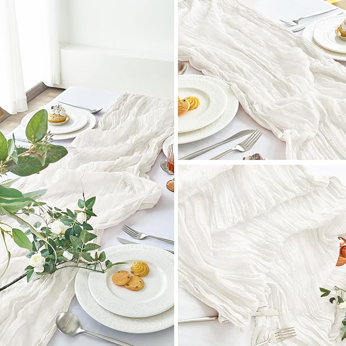 IVAPUPU 2 Pcs Cheesecloth Table Runner - 10ft Ivory White Spring Boho Gauze Cheese Cloth Table Runners for Baby Shower Decorations Wedding Party Garden Farmhouse Decor